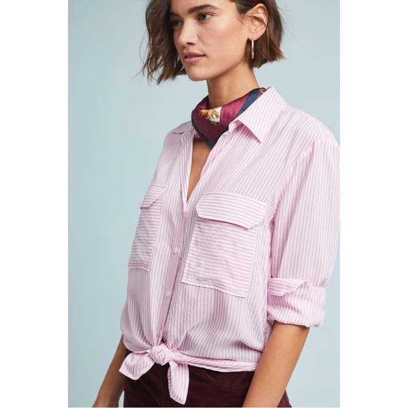 Maeve Anthropologie Size M Zadie Striped Button Up Top Pink White - Picture 8 of 8